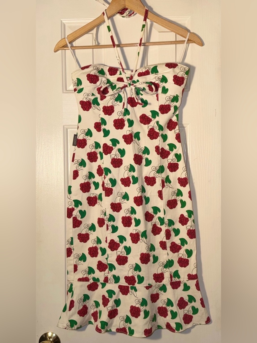 Vintage Moschino Jeans Raspberry Print Halter Midi Dress US 6 Italy Y2K